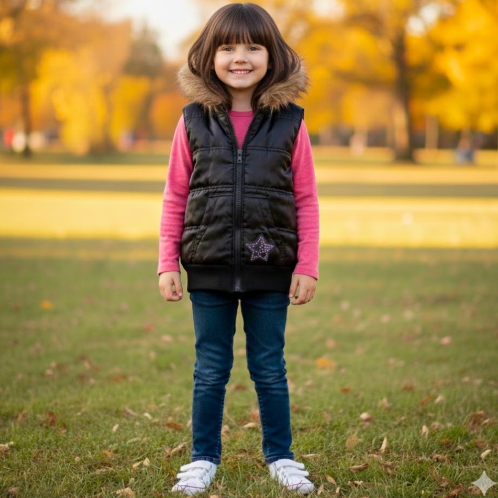 Girl’s Black Quilted Zip-up Vest w/hood & Faux Fur